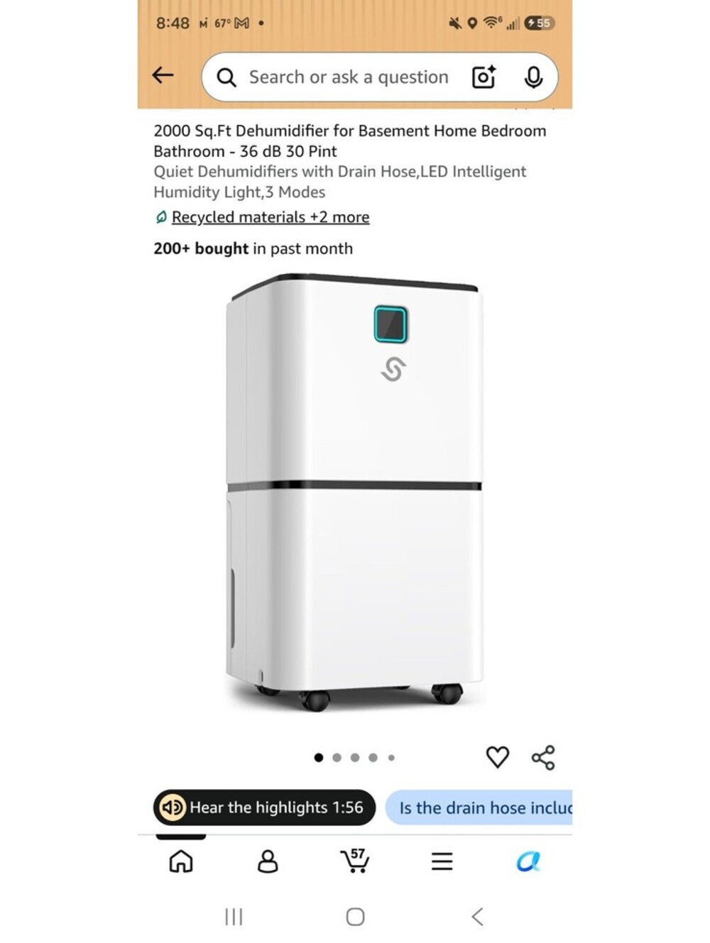 HUMILABS 2000 Sq.Ft Dehumidifier for Basement Home Bedroom Bathroom - 36 dB 30 P